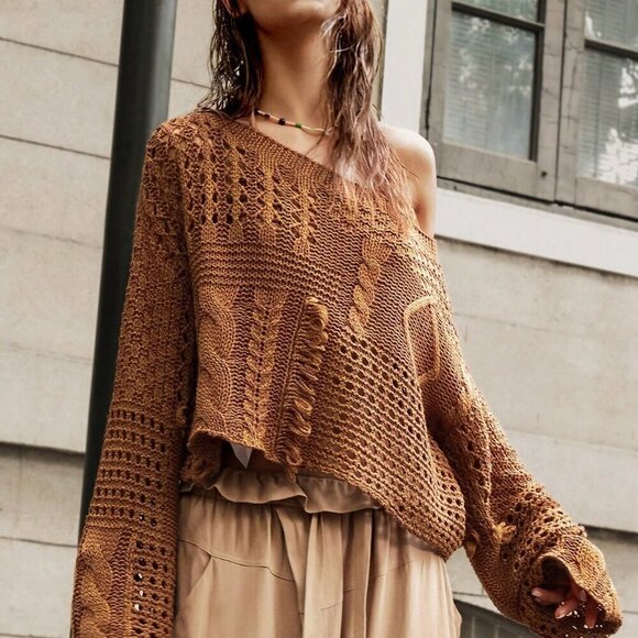 Sweaters - Brown Casual Women's Loose Fit Boat Neck Vacation Sweater